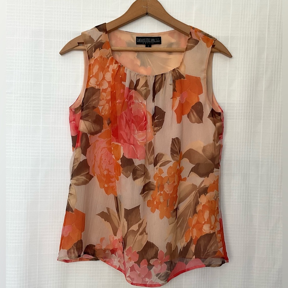 🌱Lafayette 148 New York 100% silk brown and pink floral tank top